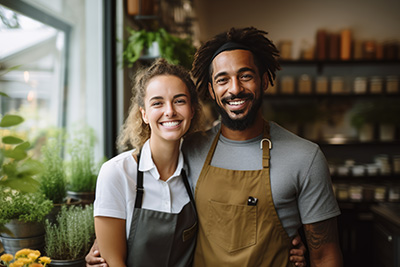 smiling man and woman in aprons standing in a shop filled with plants showcasing teamwork and local business support 4 customers and community