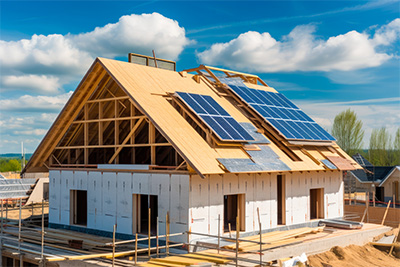 modern house under construction with solar panels and bright blue sky featuring 17 solar energy benefits