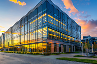 modern office building at sunset with large glass windows reflecting orange and purple sky featuring landscaped surroundings and nine stories